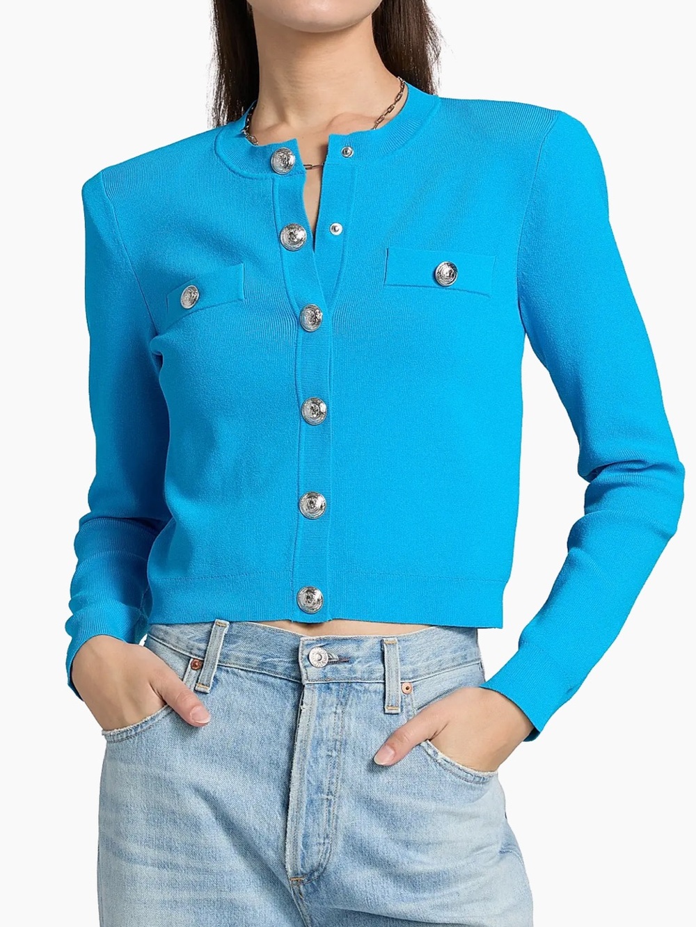 L'Agence Toulouse Knit Cropped Silver Button Cardigan in Dresden Blue Nickle NEW